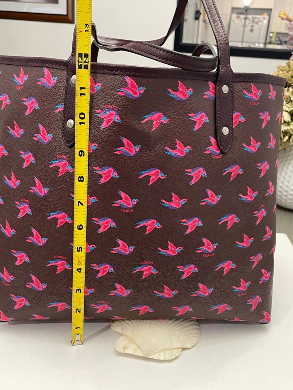 Coach reversible Maroon Tote with Pink Bird Motif - Picture 10 of 15
